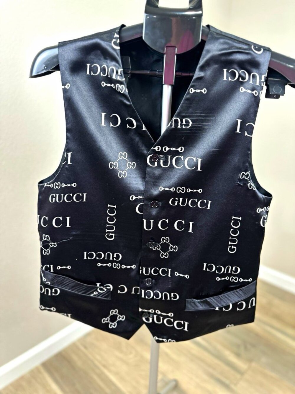 Men’s Black Satin Logo Print Dress Vest Waistcoat 5 Button Adjustable Back